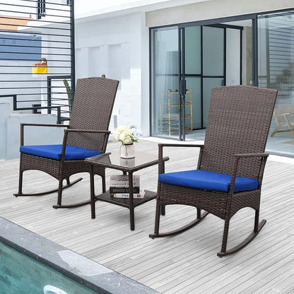 Outdoor PE Wicker Rocking Chair 3-Piece Patio Rattan Bistro Set 2 Rocker by Rattaner