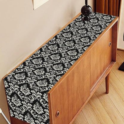 Black Damask Table Runner, Rustic Gothic Baroque Style Floral Boho Flower Antique Coffee Vintage Retro Table Center Decor for Kitchen and Dining Outdoor Home Country Party Table Decorations, 13"x72"
