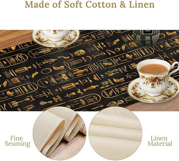 Egyptian Table Runner, Retro Egypt Mythology African Hieroglyphics Alphabet Murals Black Pattern Table Runner for Family Kitchen Coffee Dining Farmhouse Party 13x60in