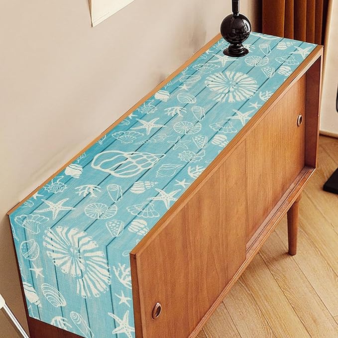 Beach Starfish Table Runner, Blue Wooden Nautical Coastal Ocean Seashell Teal Print Summer Vintage Coffee Table Center Decor for Family Holiday Party Kitchen Farmhouse Table Decorations, 13" X 36"