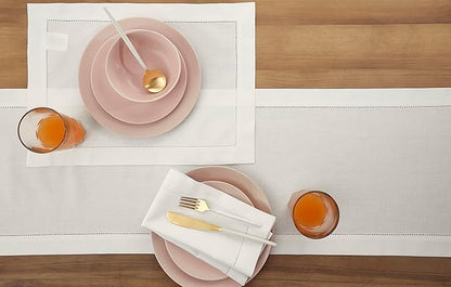 Solino Home White Table Runner 120 Inches Long - Cotton Linen Hemstitch 14 x 120 Inch Table Runner for Dining, Winter, Valentines, Spring, Easter
