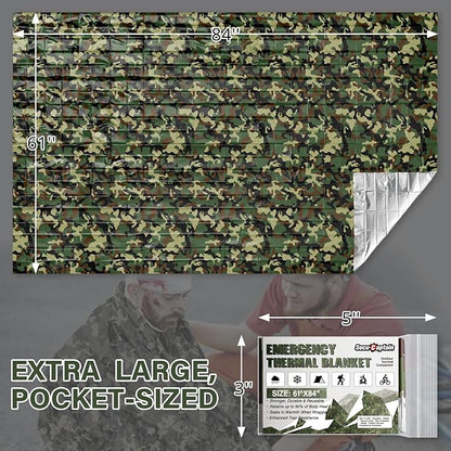 SecuCaptain Survival Emergency Thermal Blankets: Thicken 28um Space Mylar Blanket Kit for Outdoor Cold Winter Camping, Hiking, Car Bug Out Bag, or First Aid - Woodland Camo 4 Pack