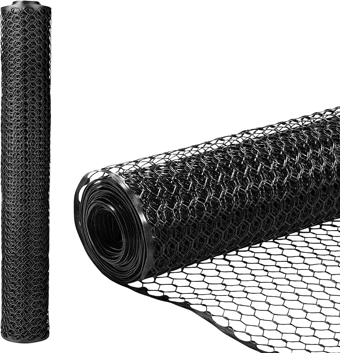 Plastic Hex Chicken Wire Mesh Garden Fence Roll (4' x 50' - Black) - Versatile Poultry Netting and Garden Fence for Temporary or Semi-Permanent Enclosures, Deer Fencing, and Construction Barriers
