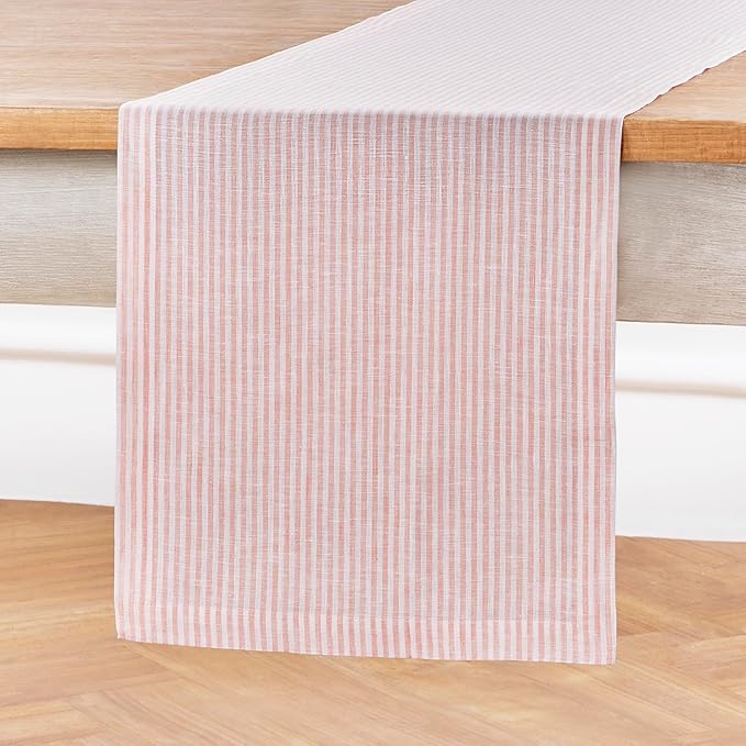 Solino Home Linen Table Runner 90 Inches Long - Narrow Stripe, 100% Pure Linen Peach and White Farmhouse Table Runner 14 x 90 Inch for Dining, Valentines, Spring, Easter