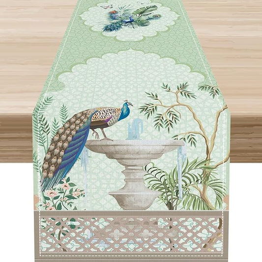 Blue Peacock Table Runner,Vintage Rustic Fountain Tropical Plant Peacock Feather Green Table Center Decor for Family Kitchen and Living Room Outdoor Farmhouse Party Table Decorations, 13"x90"