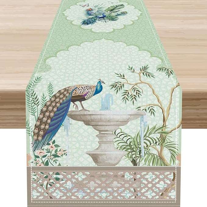 Blue Peacock Table Runner,Vintage Rustic Fountain Tropical Plant Peacock Feather Green Table Center Decor for Family Kitchen and Living Room Outdoor Farmhouse Party Table Decorations, 13"x36"