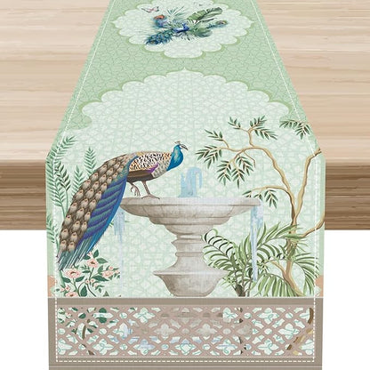 Blue Peacock Table Runner,Vintage Rustic Fountain Tropical Plant Peacock Feather Green Table Center Decor for Family Kitchen and Living Room Outdoor Farmhouse Party Table Decorations, 13"x36"