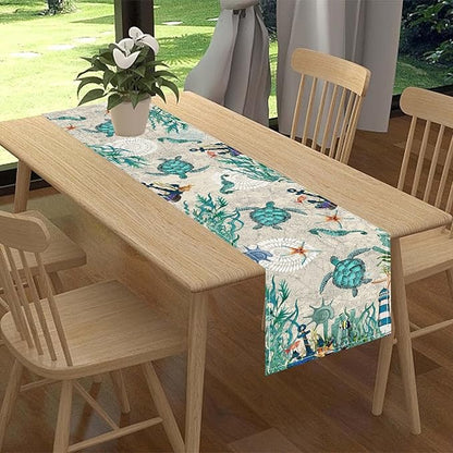 Sea Turtle Table Runner, Summer Coastal Starfish Seahorse Seashells Coastal Nautical Tropical Ocean Rustic Farmhouse Table Center Decor for Home Kitchen Dining Patio Indoor Outdoor, 13"x72" Inch