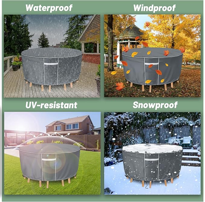 Gasadar Round Outdoor Furniture Cover Waterproof, Round Patio Furniture Covers for Patio Table and Chairs Set, Heavy Duty 600D, 62" Dia x 28" H, Grey