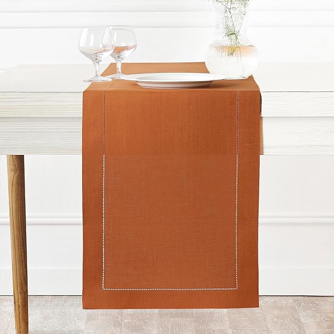 D'Moksha Homes Linen Rust Table Runner 84 Inches Long - 100% Pure Linen Table Runner 14 x 84 Inch for Spring, Easter - Classic Hemstitch