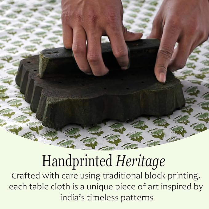CPC Tablecloth 100% Cotton 60x90 Inch Indian Block Print Rectangle Table Cover, Washable Table Cloth for Weddings, Spring/Summer, Barbeque - Emerald Green