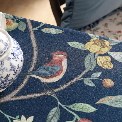 Linen Blue Tablecloth,Wrinkle Resistant French Vintage Tablecloth Print with Foral,Decor Square Table Cloth for Thanksgiving,Dining Room,Home,Kitchen 67" × 67"-DeweyA Blue