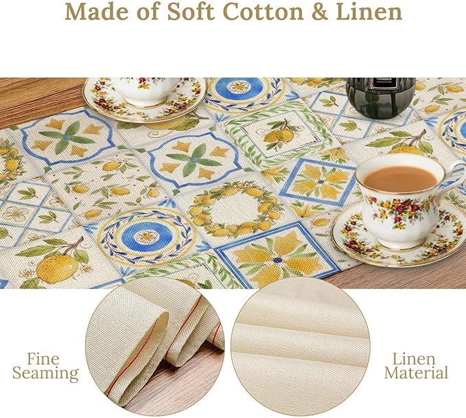 Yellow Lemon Summer Table Runner, Watercolor Spring Yellow and Blue Flower Hawaiian Style Table Runner for Holiday Party Home Kitchen Dining Table, 13x60inch