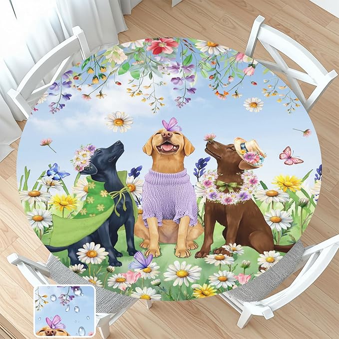 Spring Dogs Round Fitted Tablecloth with Elastic Colorful Floral Farmhouse Easter Circle Table Cloth for 48-52" Tables Wipeable Waterproof Outdoor Wildflowers Puppy Table Cover for Party Picnic Dining