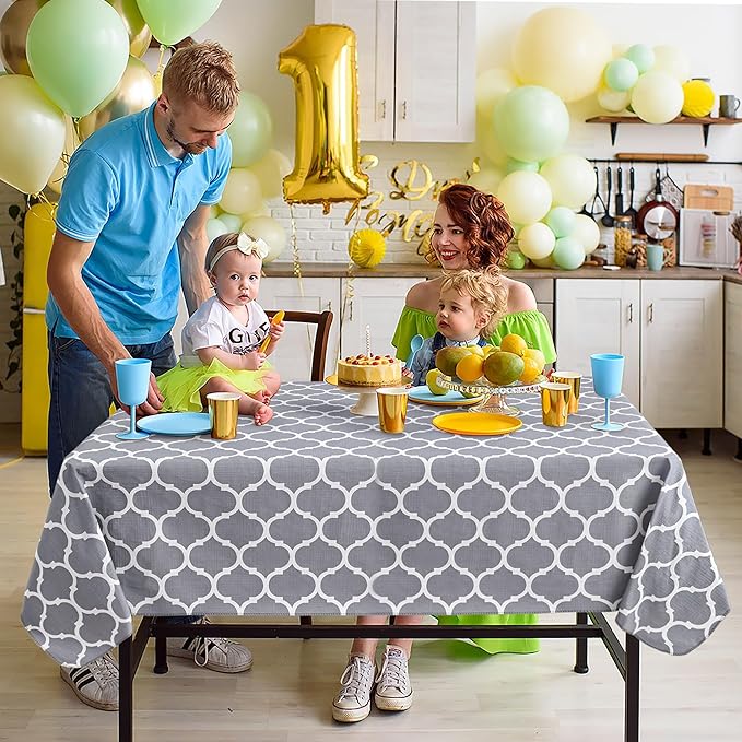 Nasitos 2 Pack Plastic Vinyl Tablecloth with Flannel Backed 60x84 Inch Moroccan Grey