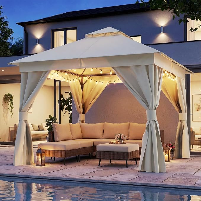 10'x10' Outdoor Gazebo with 50FT String Lights, Metal Heavy Duty Patio Canopy by LAUSAINTHOME