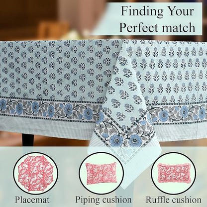 CPC Tablecloth 100% Cotton 60x90 Inch Indian Block Print Rectangle Table Cover, Washable Table Cloth for Weddings, Spring/Summer, Barbeque - Poppy Blue