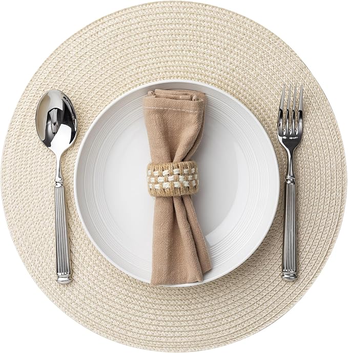Round Placemats Set of 12 Plastic Woven Placemats Washable Wipeable Table Mats for Dining Table Heat Resistant Non-Slip Circle Place Mats (Beige)