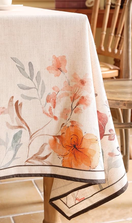 Linen Rectangle Tablecloth,French Vintage Pink Floral Pattern Wrinkle Free Table Cloth,Decorative Table Cover for Kitchen,Dining,Tea Party,Thanksgiving,Christmas,63"*87"-Sloosa