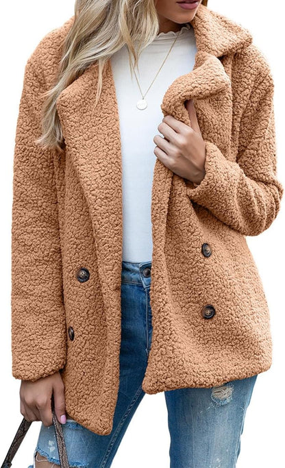 Women's Winter Warm Plush Cardigan Fuzzy Fleece Lapel Jacket with Buttons Pockets Long Sleeve Casual Outerwear