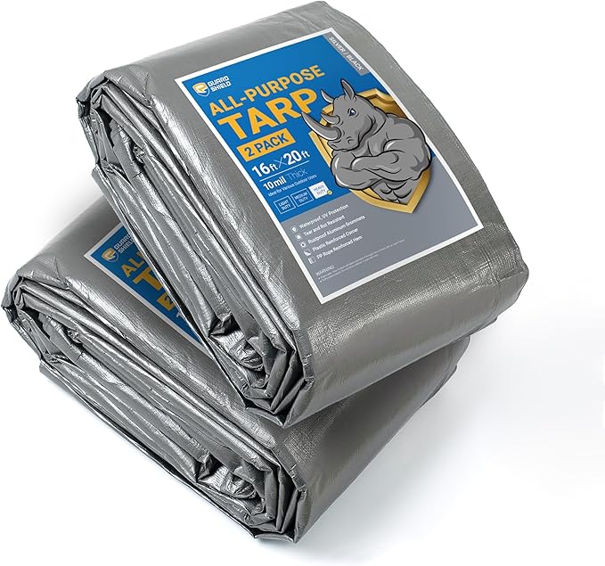 GUARD SHIELD Tarps Heavy Duty Waterproof 16x20 Feet Silver/Black Poly Tarp Cover Outdoor Thick UV Resistant Tarpaulin with Grommets 10mil (2-Pack)