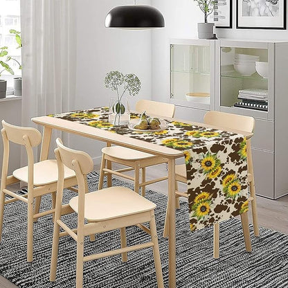 Cow Print Table Runner, Brown Sunflower Cow Print Animal Fur Skin Rustic Cowhide Pattern Table Runner for Kitchen Farmhouse Dining Home Outdoor 13x90in