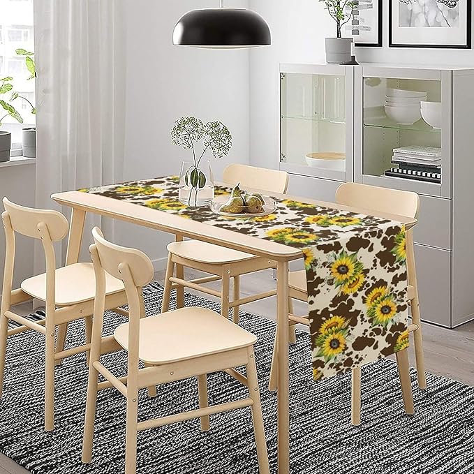 Cow Print Table Runner, Brown Sunflower Cow Print Animal Fur Skin Rustic Cowhide Pattern Table Runner for Kitchen Farmhouse Dining Home Outdoor 13x36in