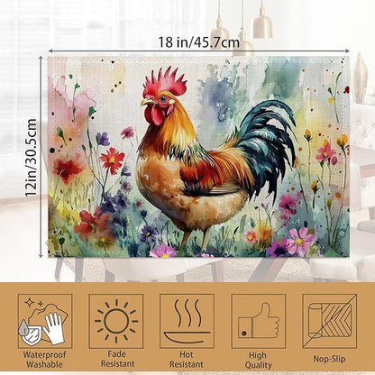 6 Pcs Placemats,Chicken Placemat,Flower Field Table Mats Washable Recyclable Table Placemats for Indoor Outdoor Heat Resistant Kitchen Dining 12"x18"