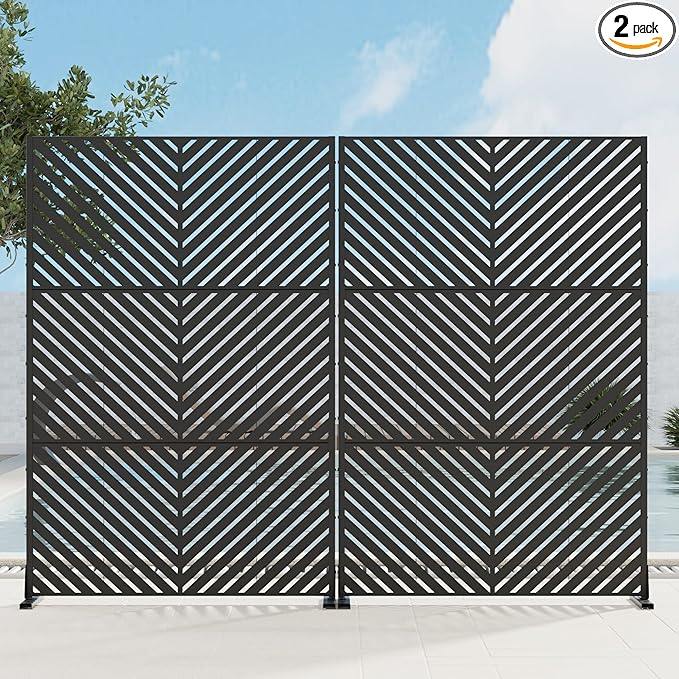 Casaphoria Metal Privacy Screen 72" H x 45" W, 2 Pack Outdoor Freestanding Decorative Divider for Patio & Garden with Stable Base, Black-Parallel