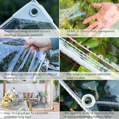 Clear Tarp 3x6ft Clear Tarps Heavy Duty Water Resistant,14Mil Thickened Transparent Tear Resistant PVC Vinyl Tarpaulin Enclosurewith Grommets and Reinforced Edges for Patio,Porch and Outdoor