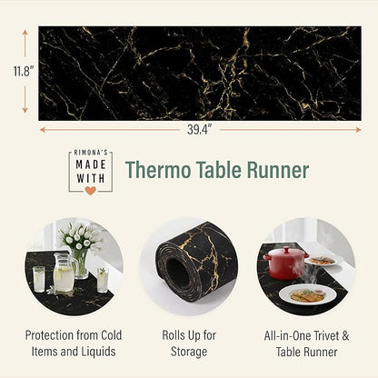 RIMONA'S Thermo Heat Resistant Table Runner and Trivet for Hot Dishes - Waterproof Hot Plates to Protect Table and Countertop - Kitchen & Dining 350F Heat Protector 40" - Black Golden Marble