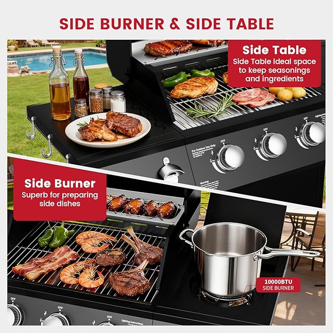 40,000 BTU Propane Gas Grill, 3 Burner Gas Grill with Side Burner, Outdoor BBQ Grill with Stainless Steel Grates for Patio, Camping, Outdoor Cooking