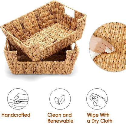 Wicker Baskets 2 Pack, Water Hyacinth Wicker Storage Basket with Handles, Pantry Baskets Organization and Storage, Handmade Large Wickers Baskets for Organizing, Natural
