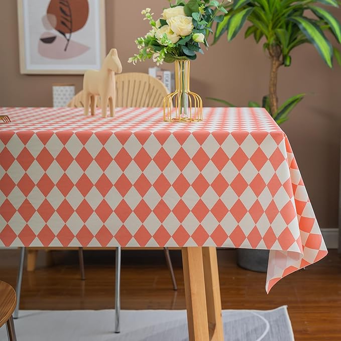 Rectangle Table Cloth,100% Waterproof Tablecloth Oil Proof Spill Proof Vinyl Table Cloth, Wipe Clean Plastic Table Cover for Dining, Camping, Indoor and Outdoor 52" x 70",Pink Checkered