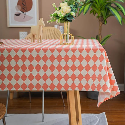 Square Table Cloth,100% Waterproof Tablecloth Oil Proof Spill Proof Vinyl Table Cloth, Wipe Clean Plastic Table Cover for Dining, Camping, Indoor and Outdoor 54" x 54",Pink Checkered