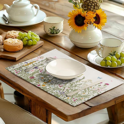 Rustic Wildflower Floral Placemats Set of 4 Spring Summer Vintage Flowers Plants Herbs Linen Table Mats 12x18 Inch Seasonal Flower Decorative Place mats for Farmhouse Kitchen Dining Decoration