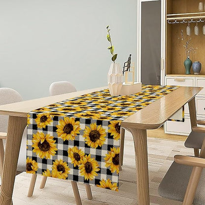 Summer Sunflower Table Runner, Sunshine Seasonal Buffalo Plaid Table Runner for Indoor Home Party Kitchen Dining Outdoor 13x90in