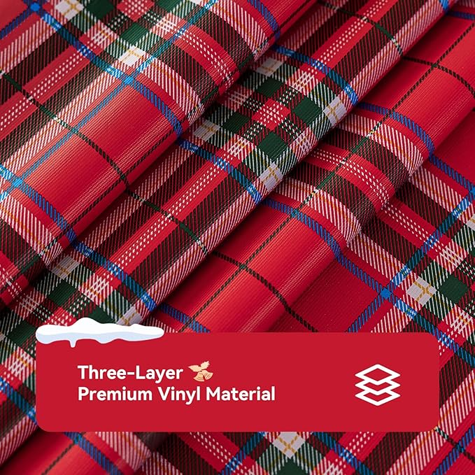 Romanstile Christmas Plaid Square Vinyl Tablecloth, 100% Waterproof Checkered PVC Table Cloth, Heavy Duty Xmas Gingham Plastic Table Cover for Dining, Party, Holiday Decor - 54 x 54 Inch, Red