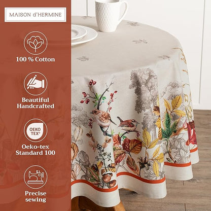 Maison d' Hermine Table Cloth Round Table 100% Cotton 63 Inches Fall Tablecloth Reusable Everyday Use for Thanksgiving Christmas Decorations Dining Farmhouse Party (Recolte)