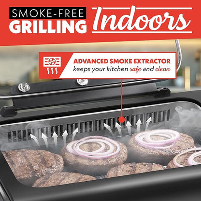Gourmia Smokeless Indoor Grill & Air Fryer with Recipe Book – Electric Grill for Indoor Use, 5‑in‑1 Countertop Cooker, Cast-Iron Grate, 1650W, Glass Lid, Dishwasher-Safe Plates