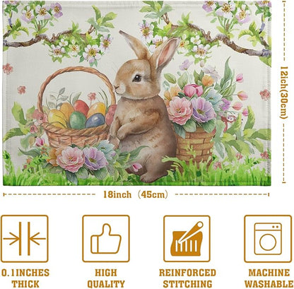 Easter Rabbit Placemats Set of 4 Spring Easter Egg Bunny Flowers Floral Place Mat 12x18 Inch Seasonal Farmhouse Linen Fabric Table Mats for Kitchen Dining Outdoor Indoor Easter Party Decoration