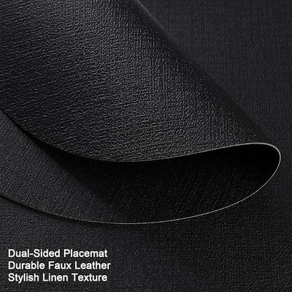 Placemats and Coasters, Washable Reversible Placemats Round Faux Leather Wipeable Place Mats Non Slip Heat Resistant Indoor Outdoor Table Mats (Set of 4, Black)