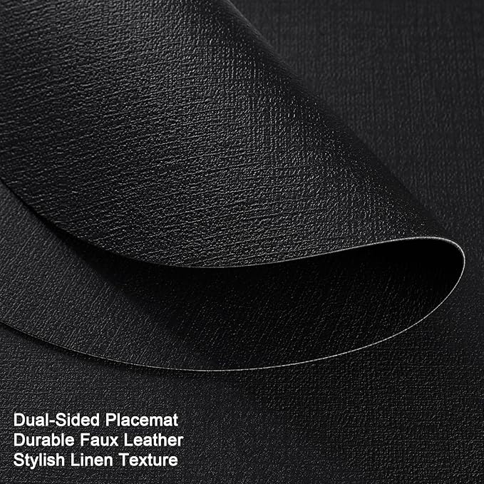 Myir JUN Round Placemats, Dual Sided Faux Leather Place Mats Set of 6 Indoor/Outdoor Non-Slip Washable Table Mats (Black, 6 Pack)