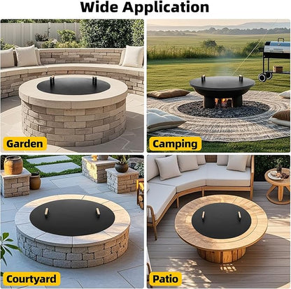 G GOOD GAIN Firepit Lid Round 38 Inch - Rust Resistant Fire Pit Lid Cover with Wooden Handle & Gloves, Fire Pit Snuffer Lid for Courtyards, Patio, Winter Cold Protection. Fits Fire Pits Up to 36"