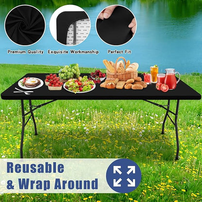 Spandex 5 Foot Rectangle Table Cloth 6 Pack, Elastic Fitted Tablecloths for Picnic, Stretch Washable Patio Table Cover for Outdoor, Camping, Banquet and Parties (Black, 30"x60")