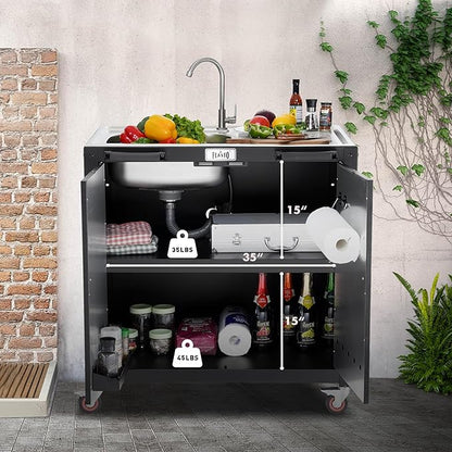 Freestanding Grill Cart with Sink and Cabinet, Movable Outdoor Cart Table with 304 Stainless Steel Sink, Outdoor Grill Cart, Outdoor Grill Station with Wheels, L35.4 x W24