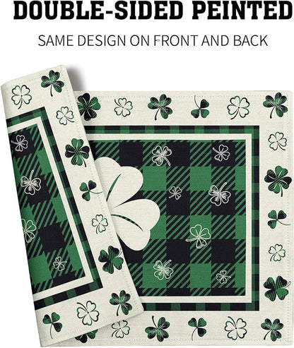 Giwawa Lucky Clover Placemats Set of 4 for Kitchen Dining, St Patricks Day Shamrocks Buffalo Plaids Washable Linen Place Table Mat 12x18 Inches for Tabletop Holiday Party Picnic Decor