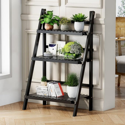 oakvivo 39.4" Foldable Plant Shelf Ladder Shelf, 3 Tier Bamboo Ladder Flower - Image 3