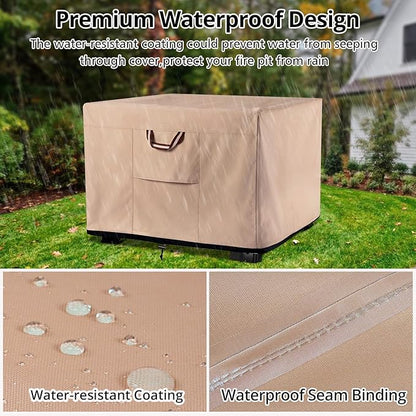 QH.HOME Fire Pit Cover Square-29-30 Inch Heavy Duty 900D Strong Tear-Resistant and UV Resistant and Waterproof and Fading Resistant Material Polyester Firepit Covers for Outdoor Fire Table-Wheat