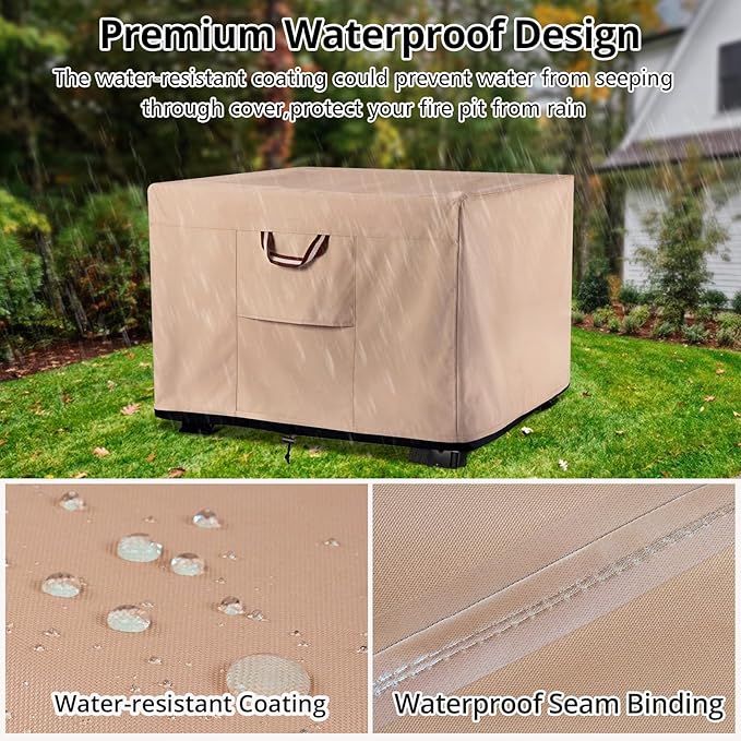 QH.HOME Fire Pit Cover Square-40-44 Inch Heavy Duty 900D Strong Tear-Resistant and UV Resistant and Waterproof and Fading Resistant Material Polyester Firepit Covers for Outdoor Fire Table-Wheat